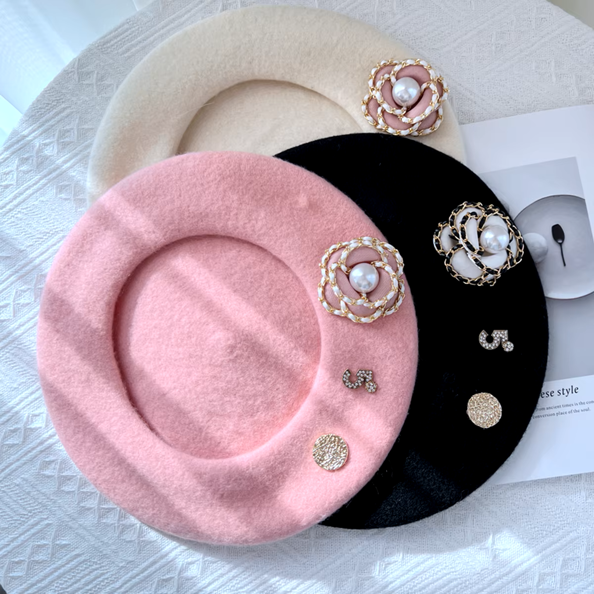 Chic Pearl Accent Wool Beret